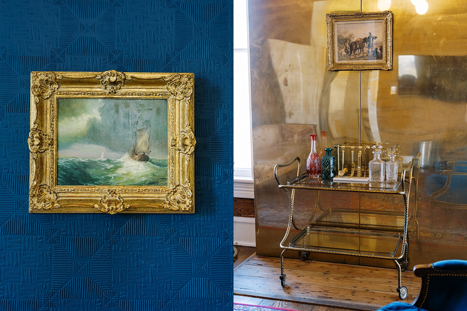 bar cart in vintage room at Woodbine Mansion