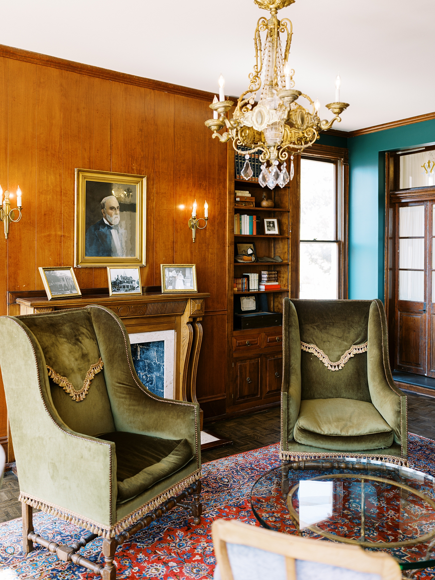 two tall back chairs in vintage inspired room by Austin wedding photographer