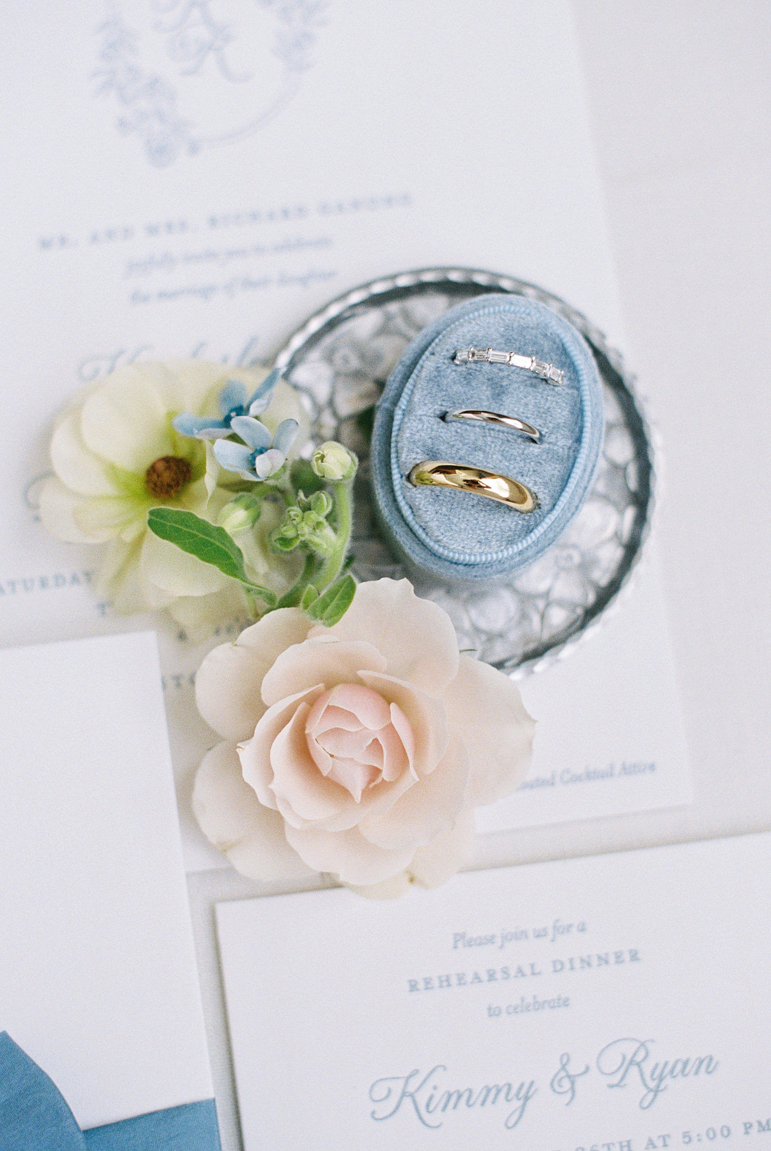 rings in a light blue velvet box by New England wedding photographer