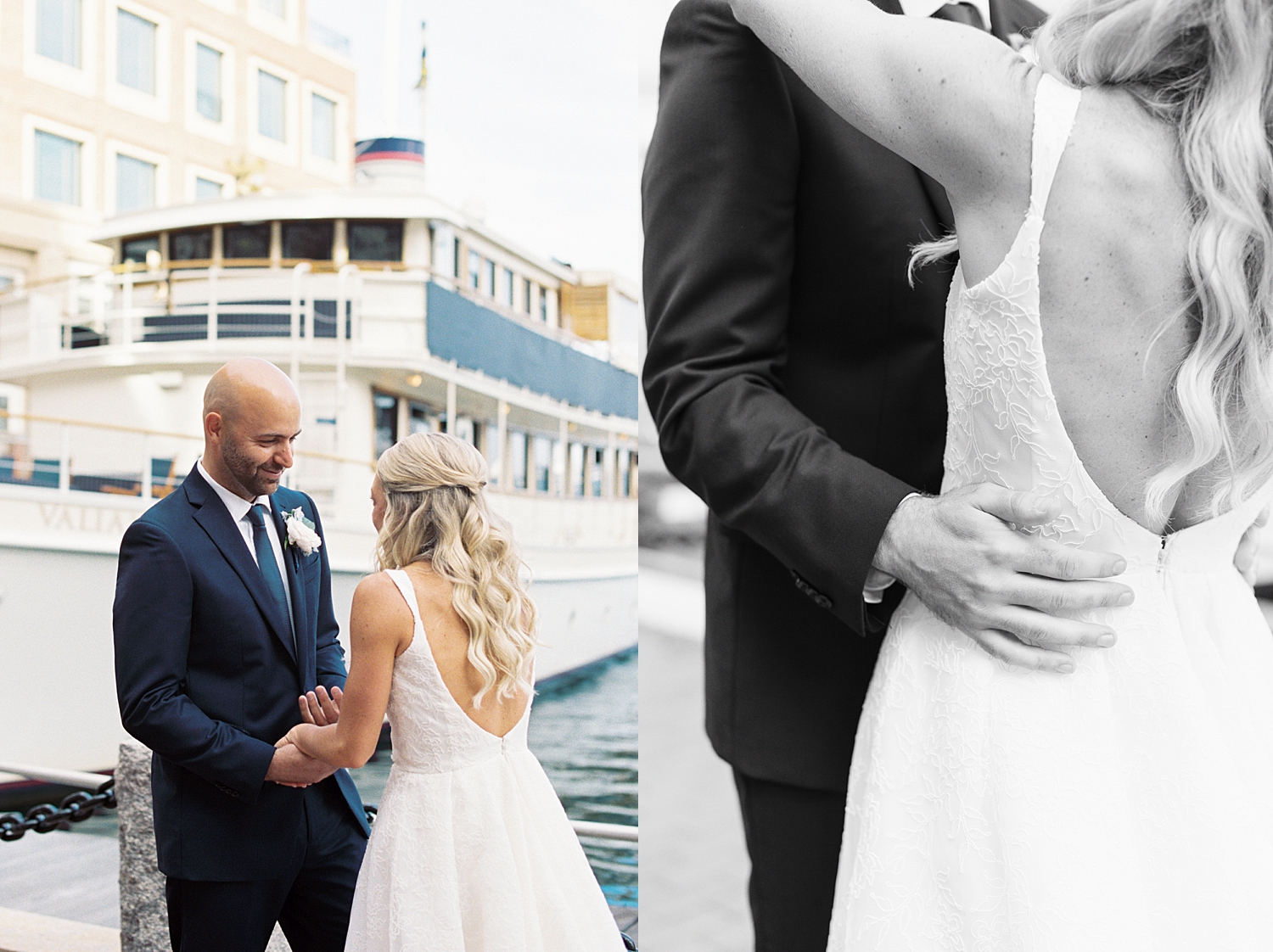 couple stands in front of boat after first look by Lynne Reznick Photography