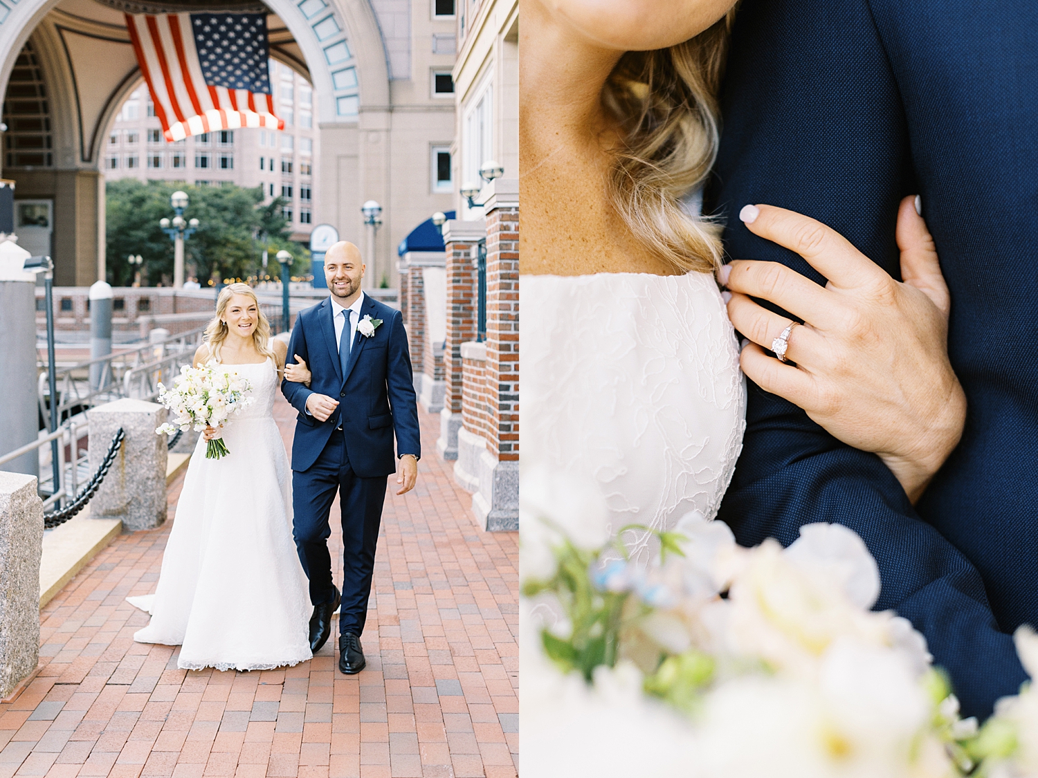 newlyweds walk down brick sidewalk by New England wedding photographer