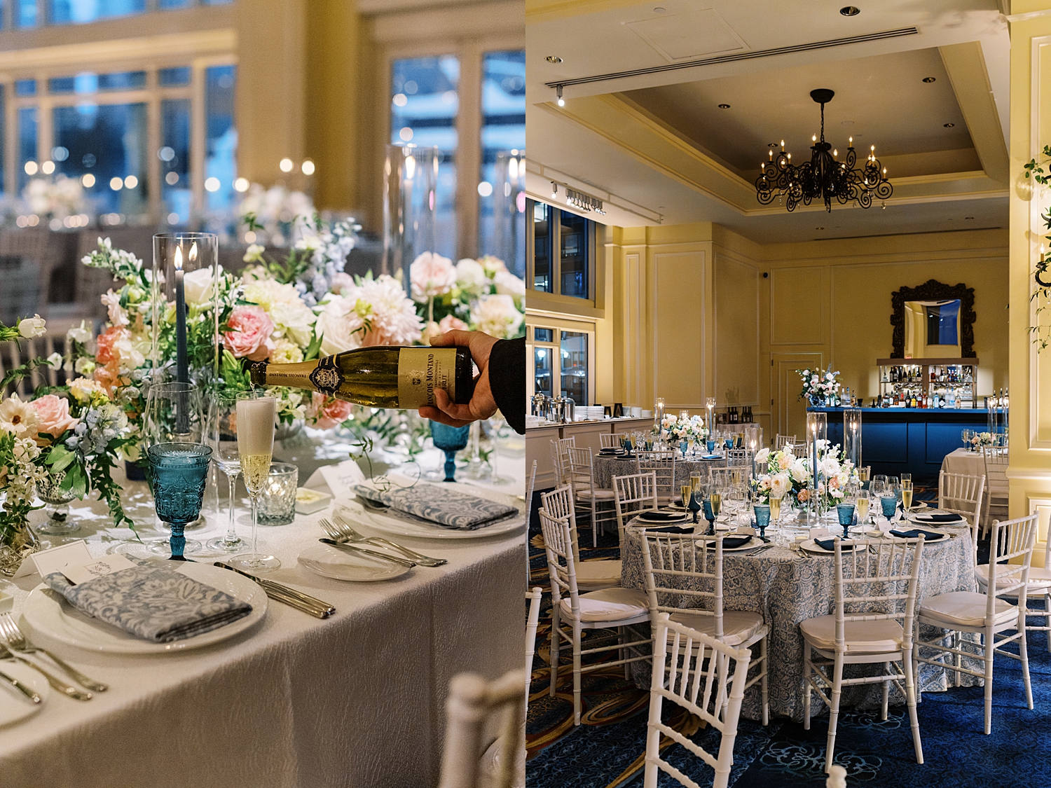wine is poured into blue glass on reception table by New England wedding photographer
